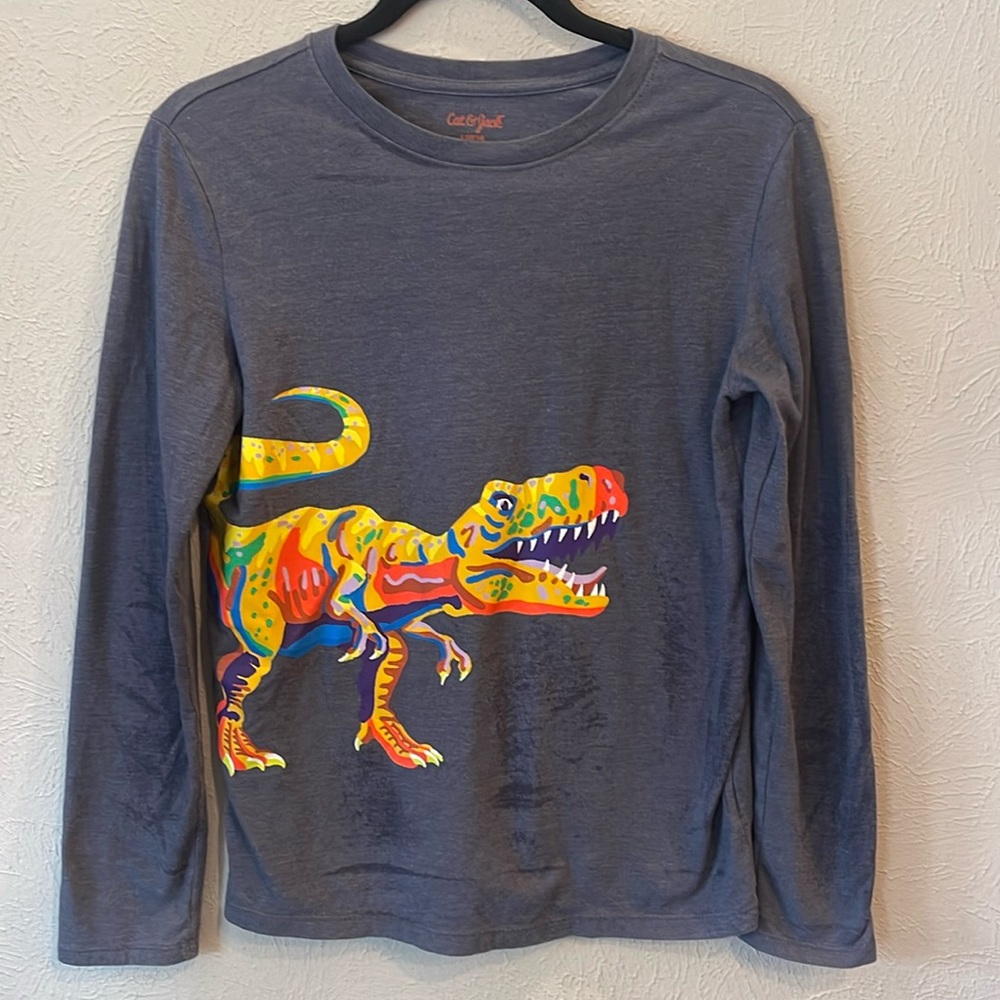 Cat & Jack long-sleeved grey t-shirt with colorful dinosaur. Size youth large.
